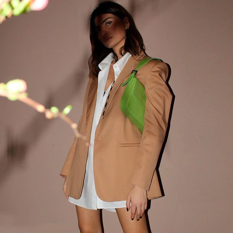 

Весна-Лето 2025: Женский повседневный пиджак из ацетатного атласа с V-образным вырезом, длинными рукавами, средней длины, прямого кроя, модный дизайн