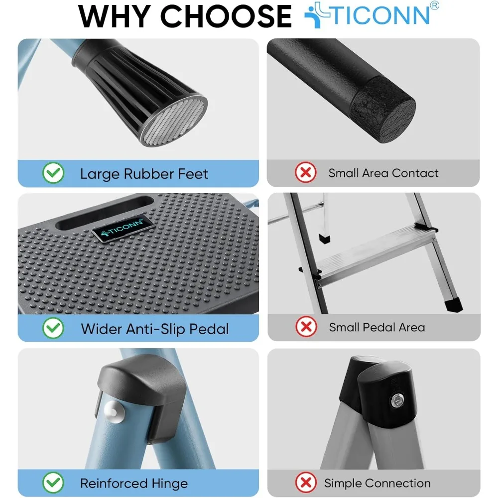 3 Step Ladder, Heavy Duty Foldable Step Stool, Portable Steel Folding Stool for Household Garage Storage (Blue)