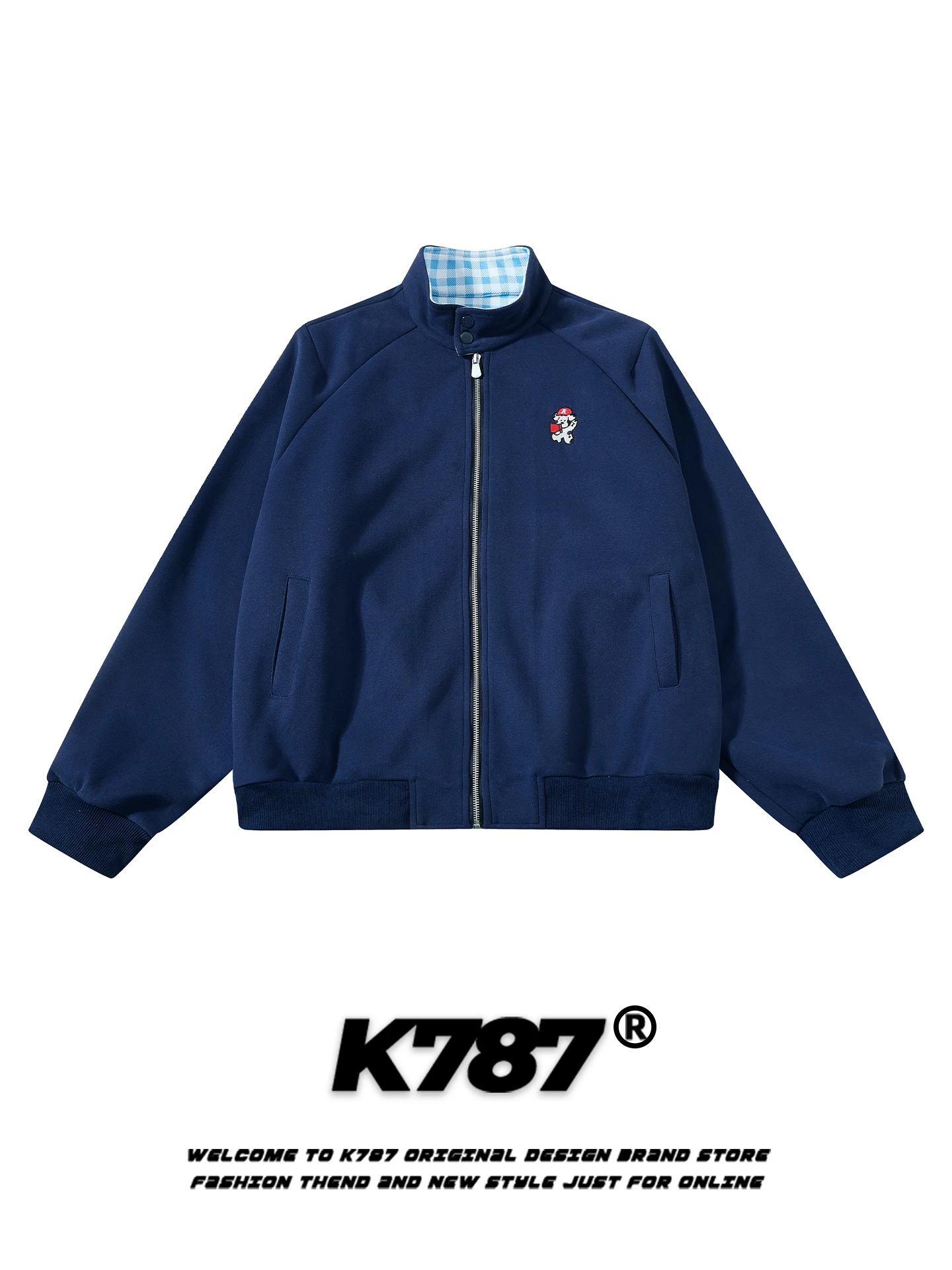 

K787 American Retro Dog Embroidery Stand Collar Jaet Loose Casual Plaid Trendy Brand Couple Zipper Coat Men Women
