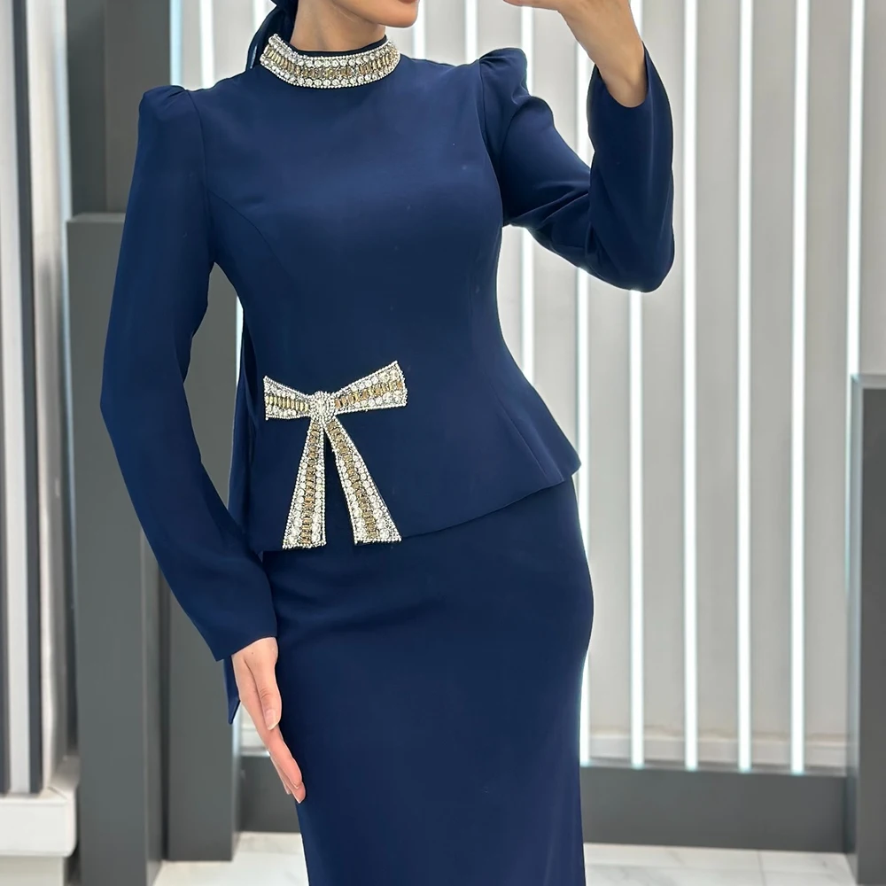 فساتين سهرة مخصصة على شكل حرف A بطول الأرض ورقبة عالية وأكمام طويلة فستان حفلات أنيق بفيونكة كريستالية بسيطة ثنيات للحفلات #2