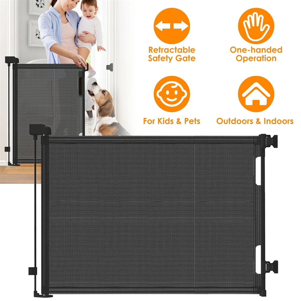 

61in Wide Retractable Safety Gate - Adjustable for Doorways, Stairs & Patios - One-Hand Lock/Unlock, Space-Saving Mesh