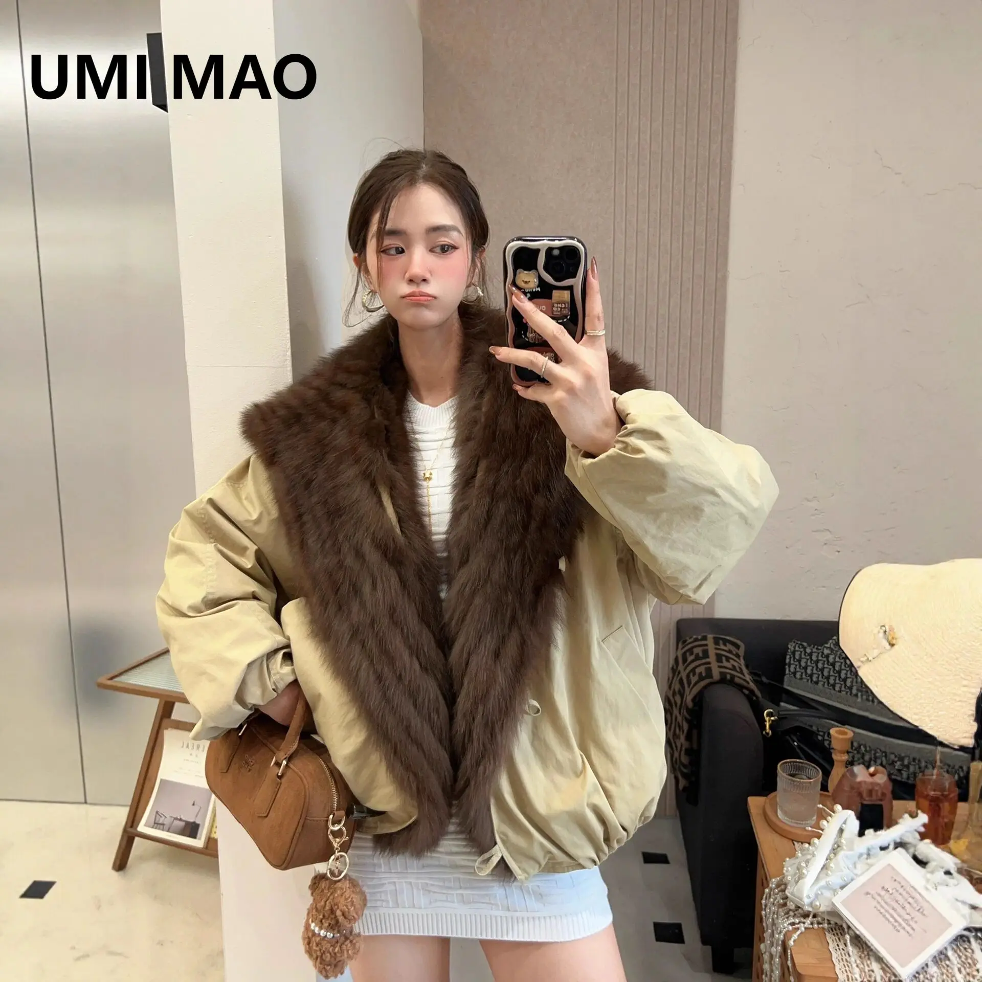 

UMI MAO Autumn Winter New Fox Fur Coat Women With Navy Collar And White Duck Down Liner Parka Overcoat Femme
