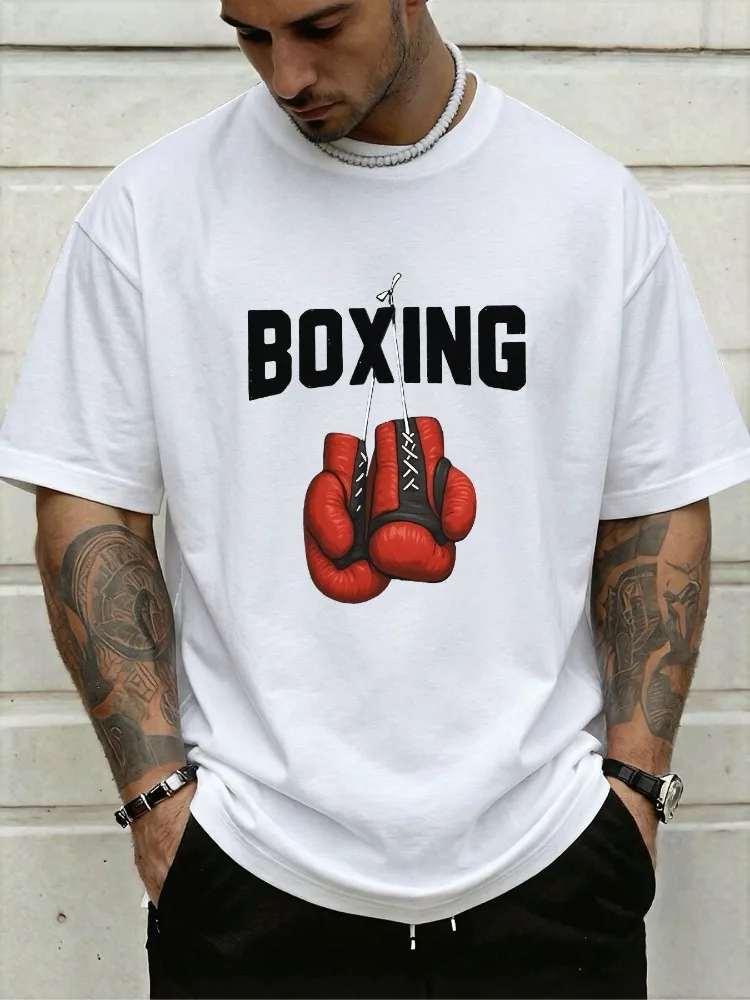 Mens Crew Neck Tee Retro Boxing Red Gloves Bold Text Print Soft Cotton Combat Sports Lover Urban Daily Short Sleeve Casual Top