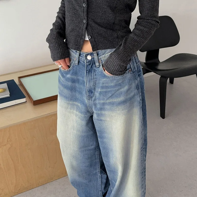 American street style personality wash gradient denim wide leg pants low waist loose straight leg casual basic pants