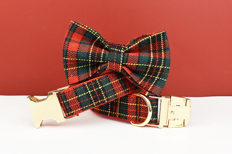 Maßgefertigtes Designer-Logo Weihnachts-Hundehalsband Rotes Karo Weiche Baumwolle mit Passender Leine Luxus-Haustiergeschirr-Set für Hunde – Detail 5