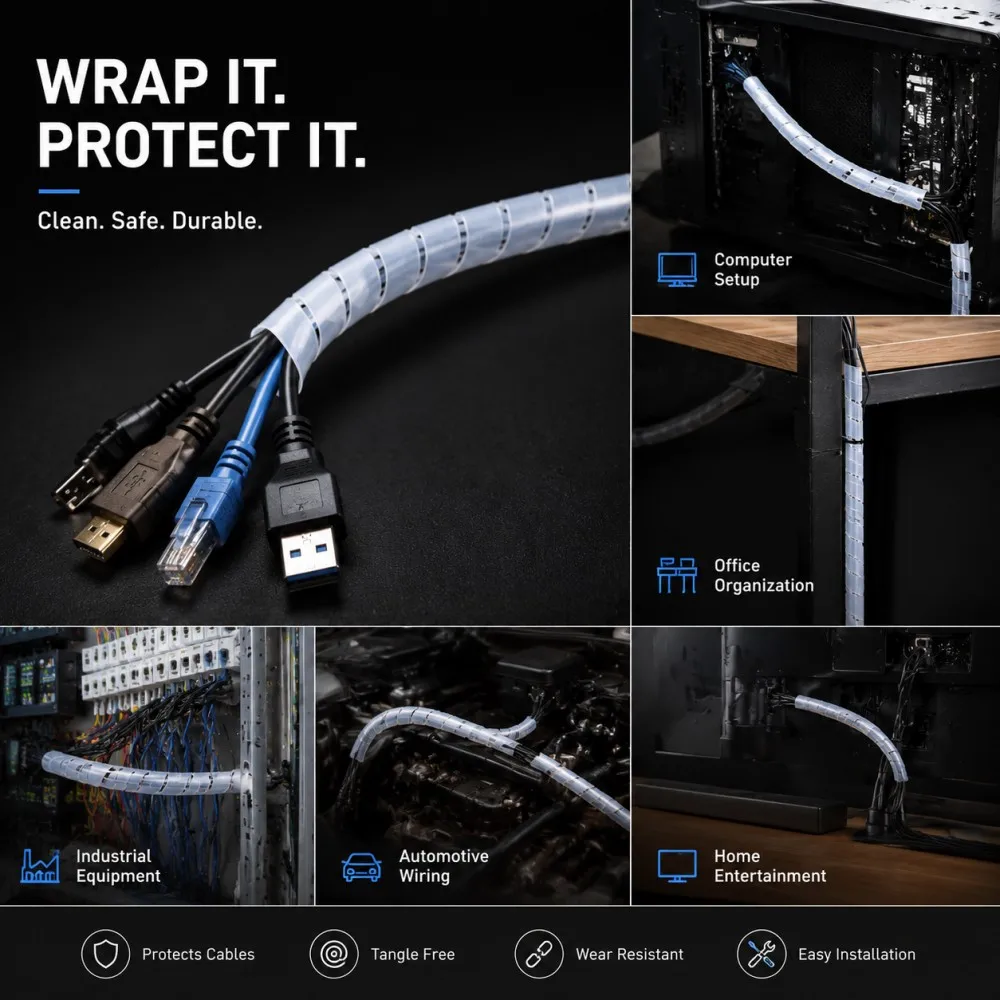 White Flexible Spiral Cable Sleeve Wire Wrap Tube, Computer Cord Management Organizer, Cable Winding Protection Pipe ID 4-30mm