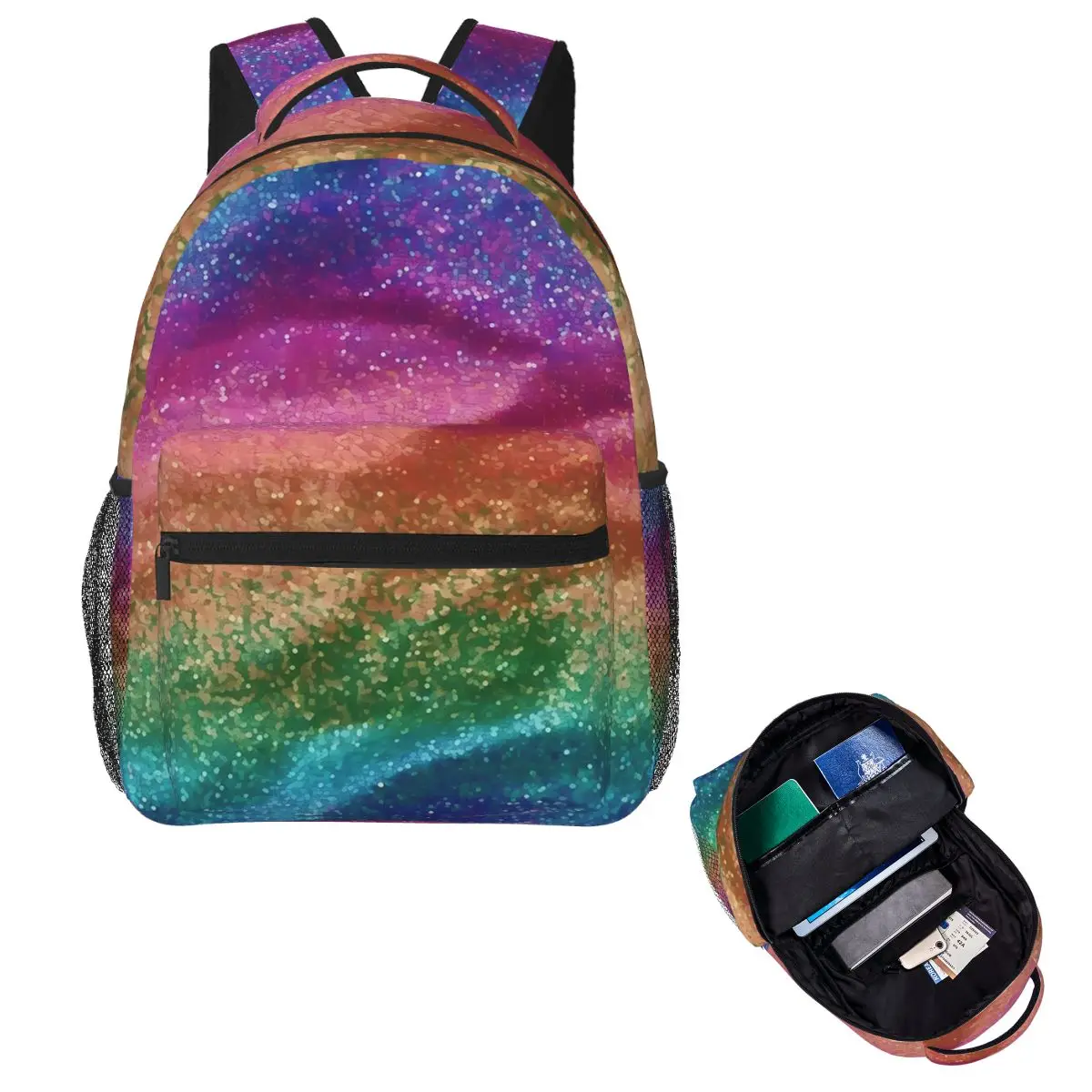 Faux Glitter Rainbow Pride Flag LGBT Gay Lesbian Student Backpack Hiking Travel for Boys Girls Fashion Bookbag Shoulder Bags