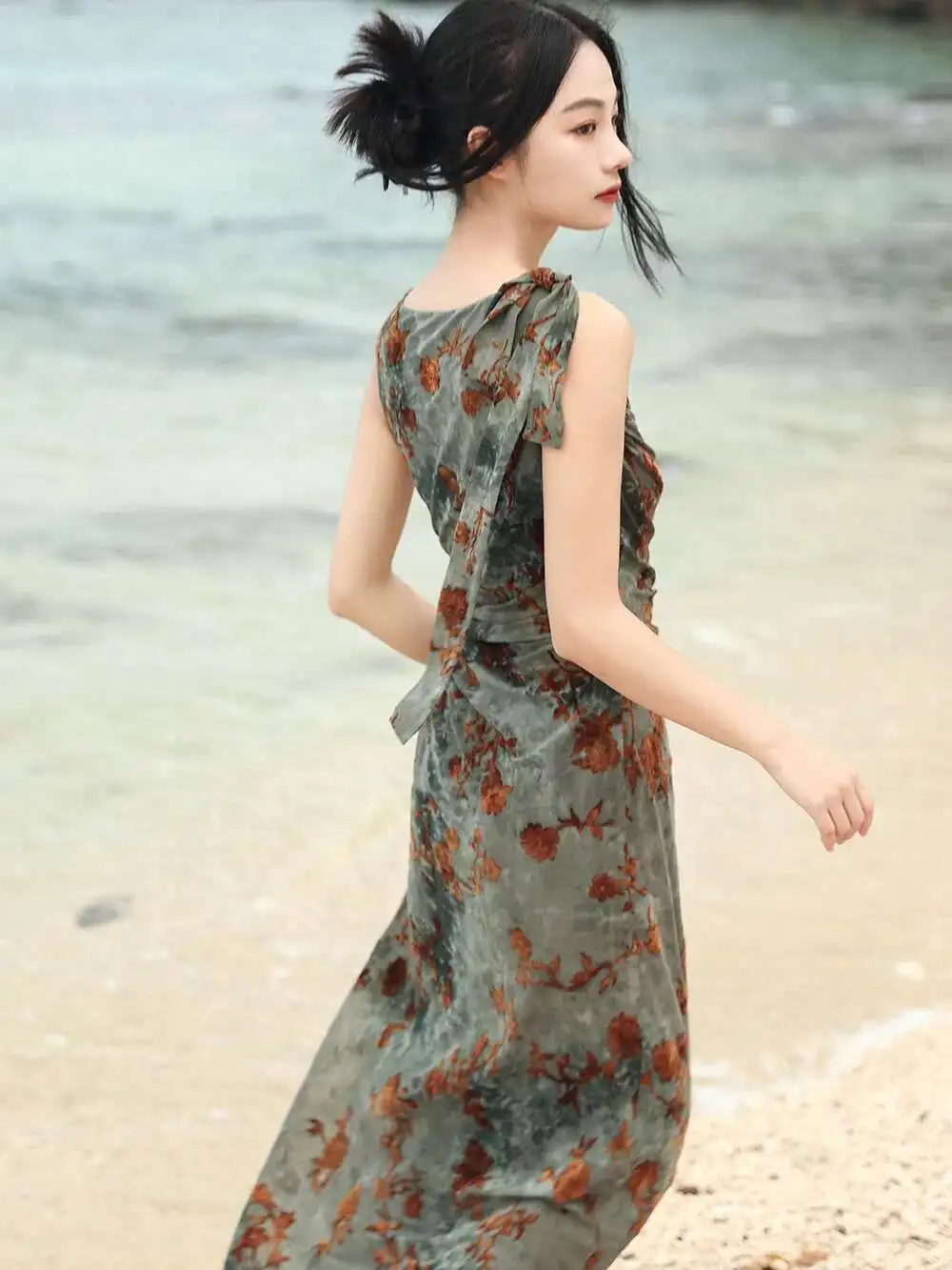 UMI MAO Nowa Chińska Sukienka Tie-Dye Zielona Damska Letnia Bez Rękawów Dopasowana Sukienka Tank Top w Linii A Femme