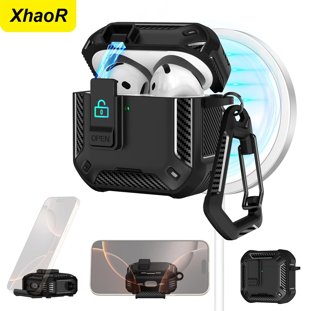 Housse d'écouteurs avec interrupteur automatique magnétique, étui pour Airpods Pro 2 4 ANC, Protection complète du corps, antichoc avec crochet, boîte de support pour téléphone