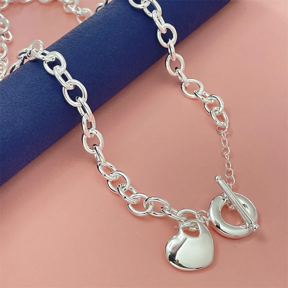 

925 Sterling Silver Heart Center Pendant Necklace, TO Clasp 45CM, Women Couple Simple Luxury Wedding Birthday Jewelry Gift