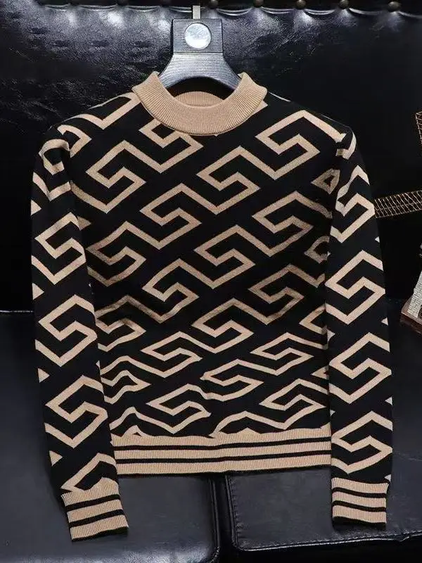 

Мужской модный вязаный свитер с геометрическим узором и цветовыми блоками, круглый вырез, осенне-зимняя новинка, повседневный трикотаж