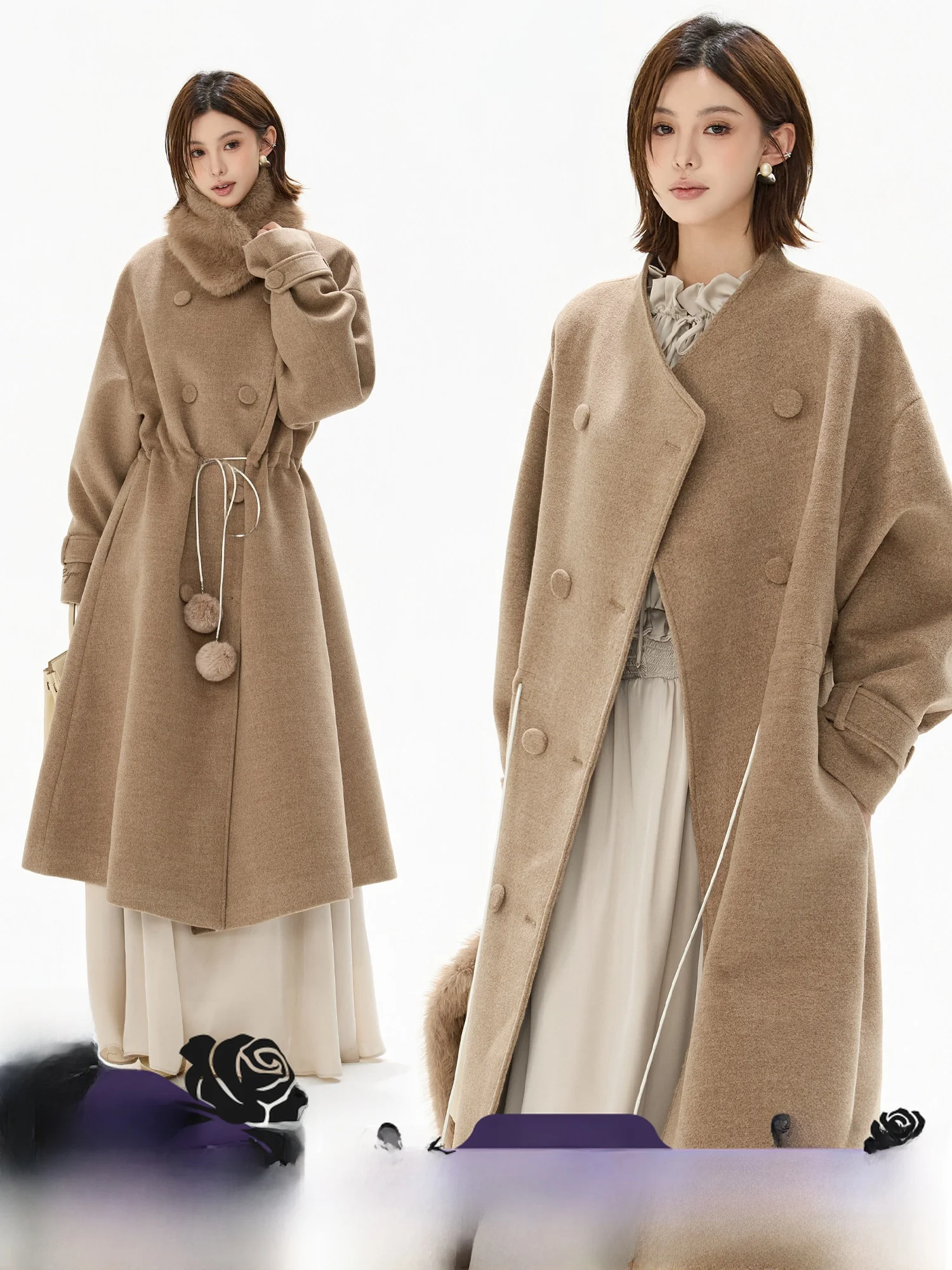 

CYNR Original Design Gentle Missy Sle Woolen Coat Women's Waist-Cinching Slimming Mid-Length A-Line Outerwear