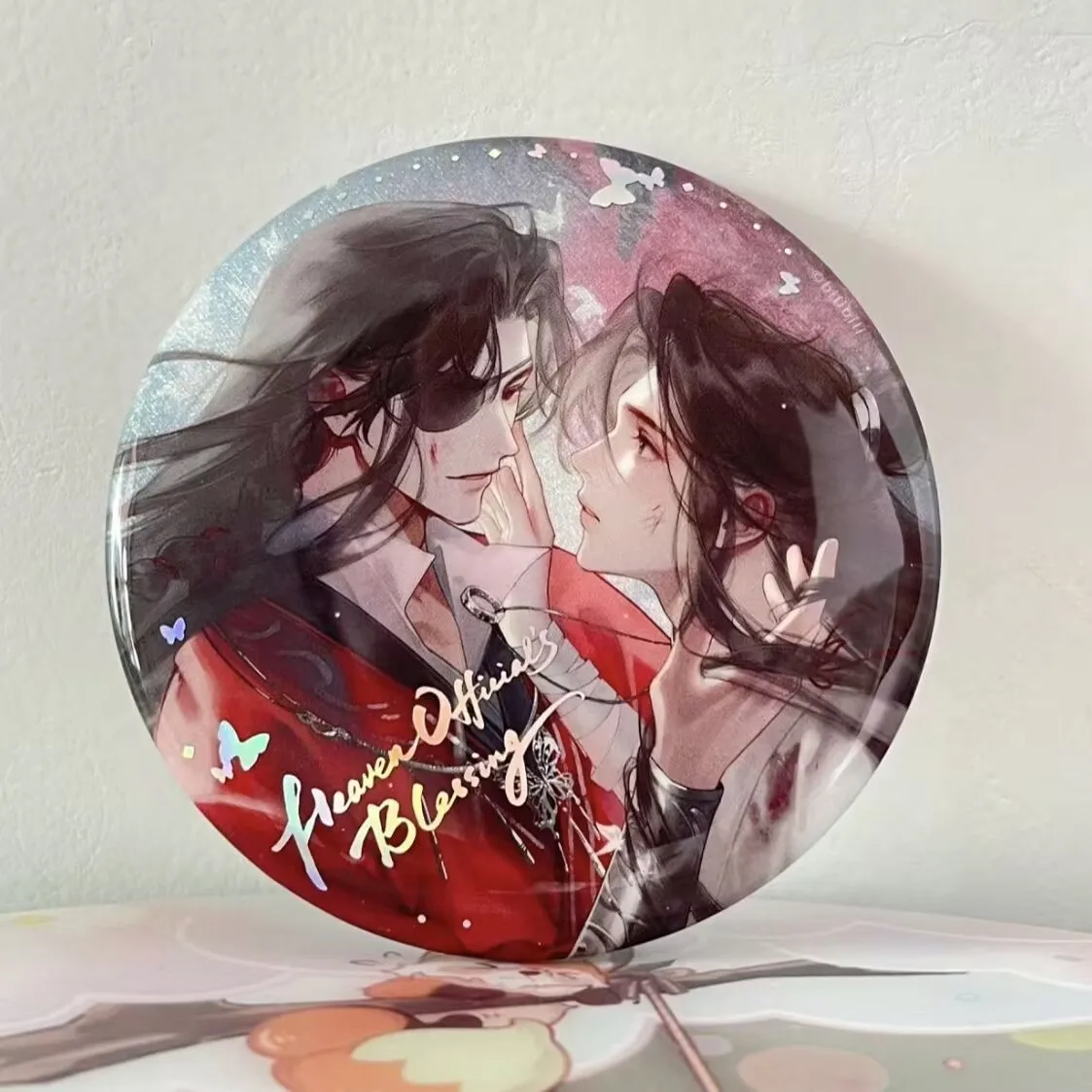 "Benedizione ufficiale celeste" Baji periferico 'Xie Lian' della città dei fiori' Doppio Baji porcellana bianca 58 mm doujin Baji distintivo