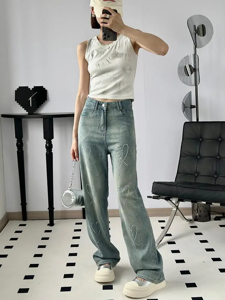 

High Waist Straight Leg Jeans Women's Spring Summer New Sle Slimming Loose Drapey Rhinestone Embellied Trendy Wide Leg Pants