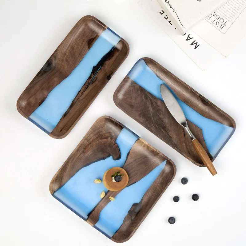 New Black Walnut Epoxy Resin River Tray, Premium Solid Wood Serving Board for Home Tea Table