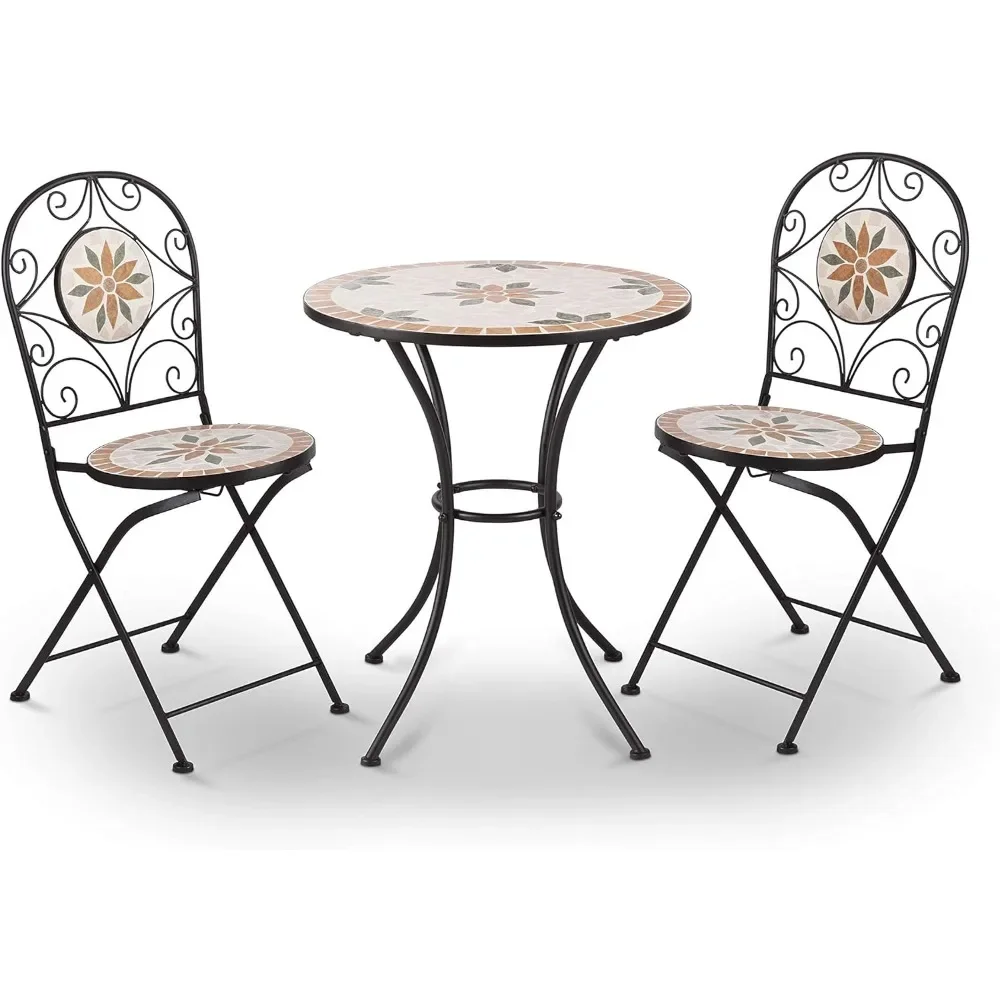 Corporation Indoor/Outdoor 3-Piece Mosaic Bistro Set Folding Table and Chairs Patio Seating, Tan