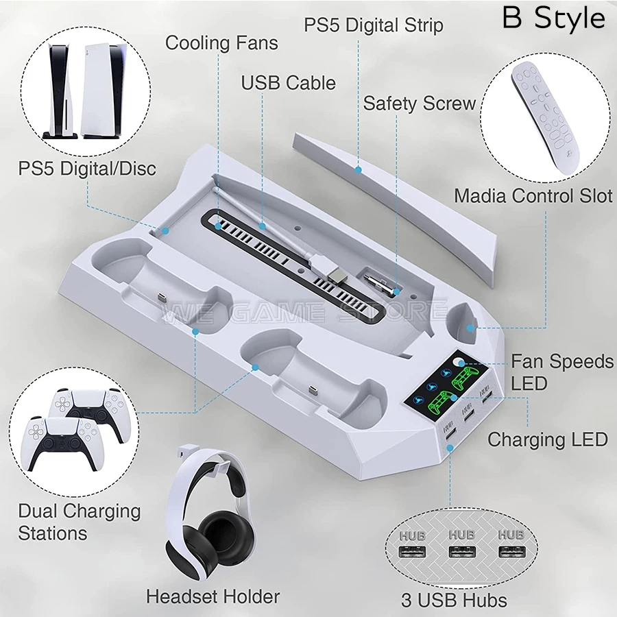 Ps5 universal multifuncional suporte 2 gamepad carregamento doca ventilador de refrigeração jogo console suporte para sony playstation 5 acessórios