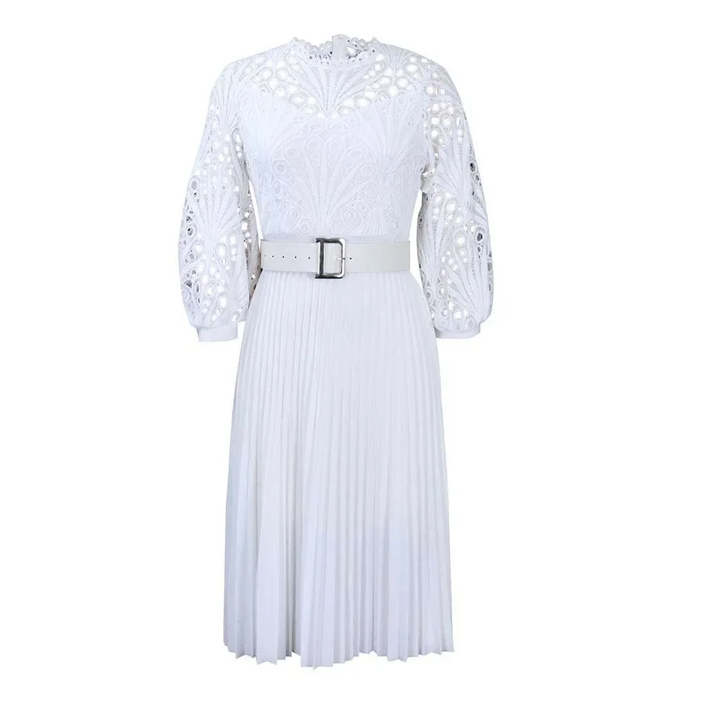 Chic White Pleated Dress Hollow Out Lace Midi Dresses Puff Sleeve Spring Summer Big Size Elegant Fashion Party Birthday Gowns