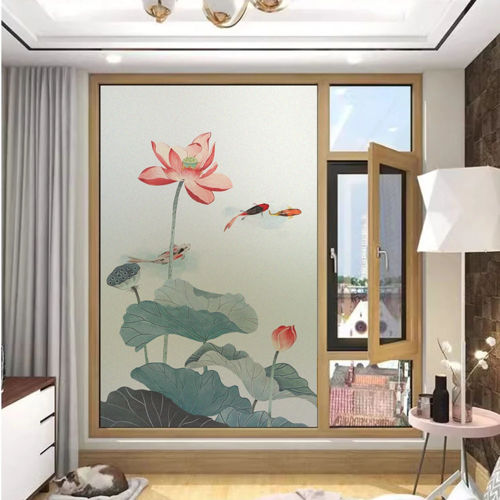 

Privacy Window Film UV Blocking Heat Control Window Coverings Static Cling Lotus Decorative Glass Sticker