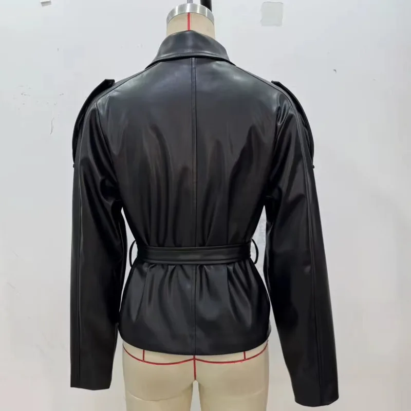 Hksh outono inverno novas mulheres jaqueta de couro do plutônio tendência elegante moda high street turn-down colarinho botão faixas casaco ins hk12769