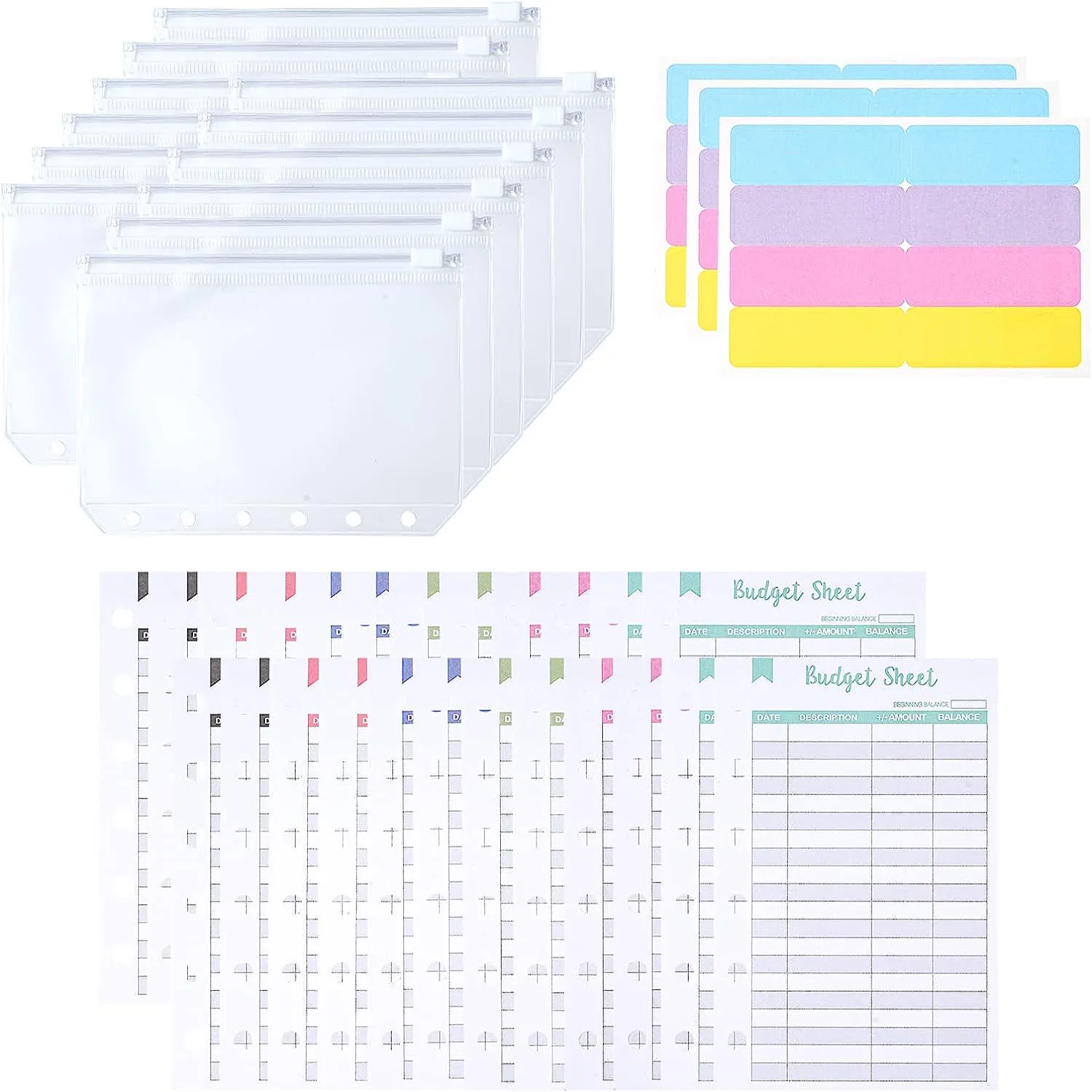 

A7 Size Budget Binder Zipper Cash Envelopes Money Organizer System with 12Pcs Budgeting Sheets and Stickers for Saving Money