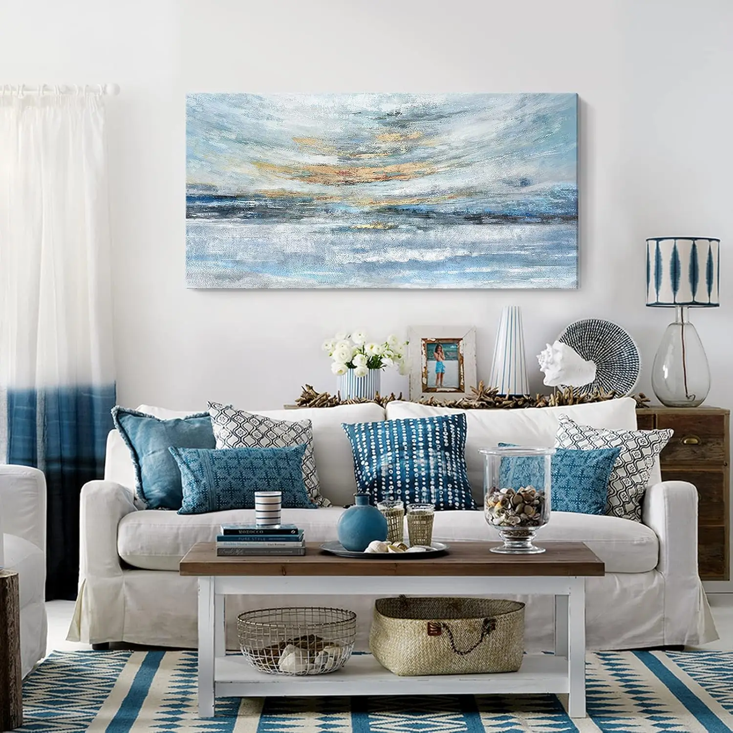 58 X 29 Inch Extra Large Light Blue Framed Ocean Sunset Skyline Canvas Wall Art Prints, Coastal Seaside Scenery Wall Decor for Living Room Bedroom Indoor Home Wall Display
