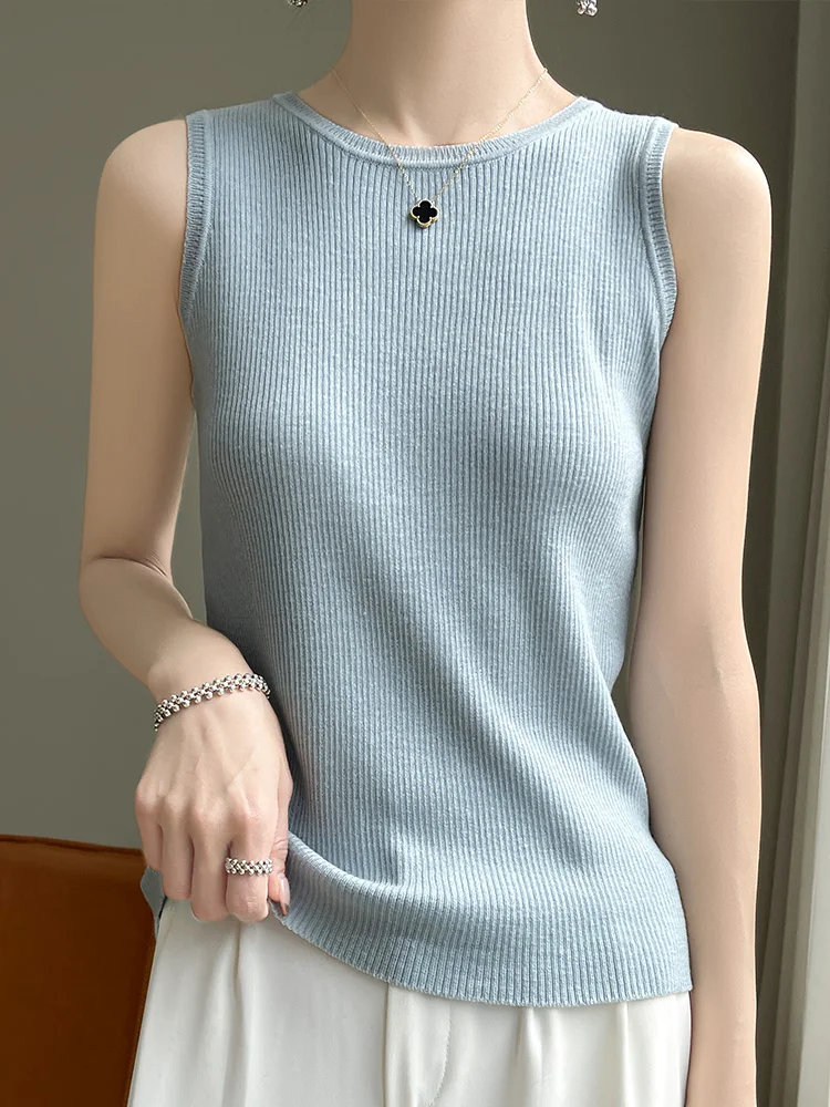 

New Arrival T-Shirt Worsted Wool Women's Tees Tank Top Sleeveless O-Neck Camis High Elasticity Slim Fitting Lady Clothes Fashion