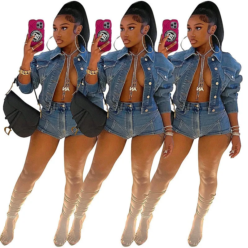 New Denim Casual Matching Set Stretchy Shorts Jacket Sets Spring Summer