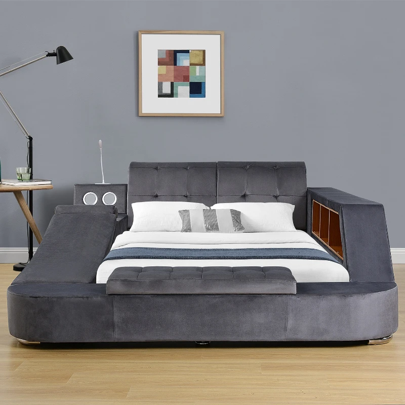 

Light luxury imitation leather bedroom soft bag bed smart audio bed large size bedroom furniture