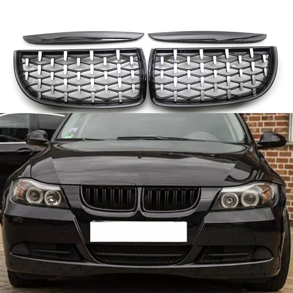 Car Full Chrome Front Kidney Grille For BMW E90 E91 3 Series 2005 2006 2007 2008 Diamond Meteor Racing Style Grills Gloss Black