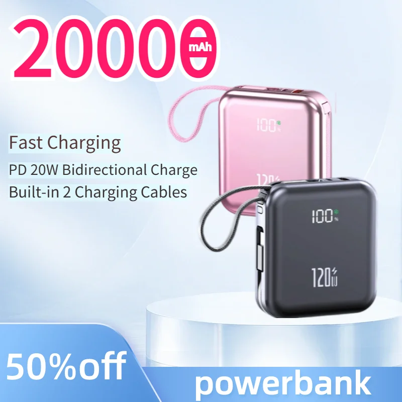 PowerBank 20000mAh Built-in Dual Cables Power Bank PD20W Bidirectional Portable External Battery for iphone samsung
