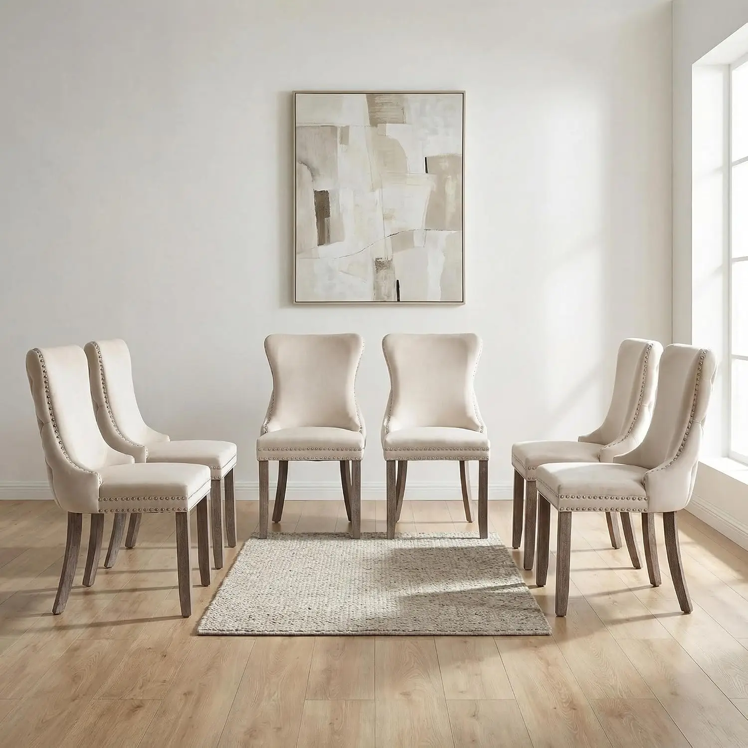 Modern Tufted Upholstered Dining Chairs with Full Back Set of 6, Ivory Velvet Dining Room Chair with Solid Wood Legs,, Custom