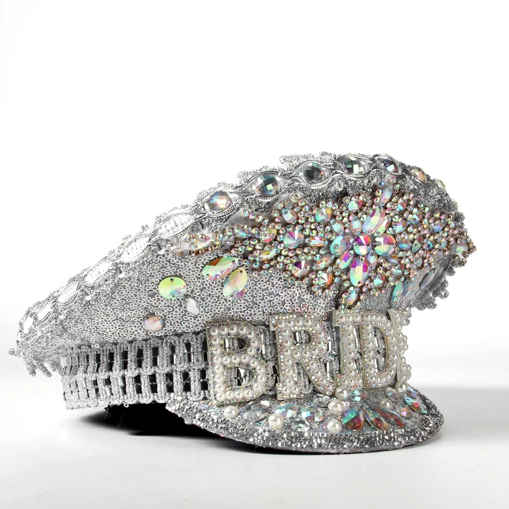 

Luxury Rhinestone Women Wedding Bride Captain Hat Military Hat Sergeant Hat Hen Festival Birthday Part Octagonal Hat