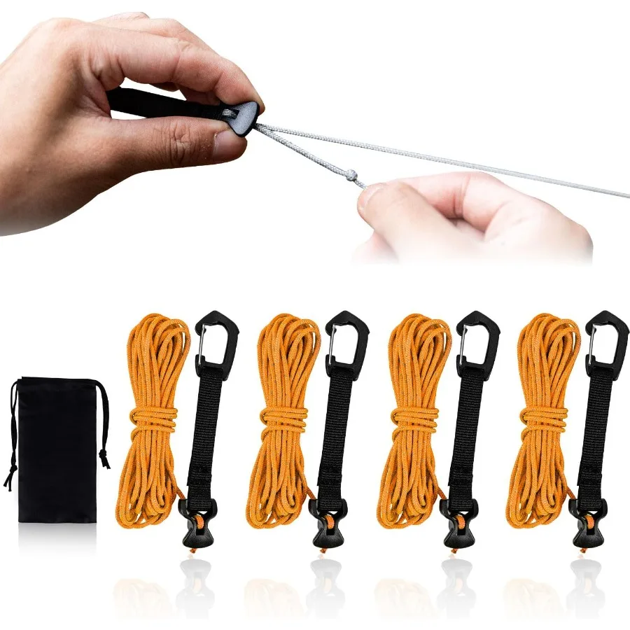 4 pacotes de cabos de barraca ultraleves com mosquetão de travamento, 2mm, 100% nylon, cordas para barraca de acampamento ao ar livre, escalada de lona