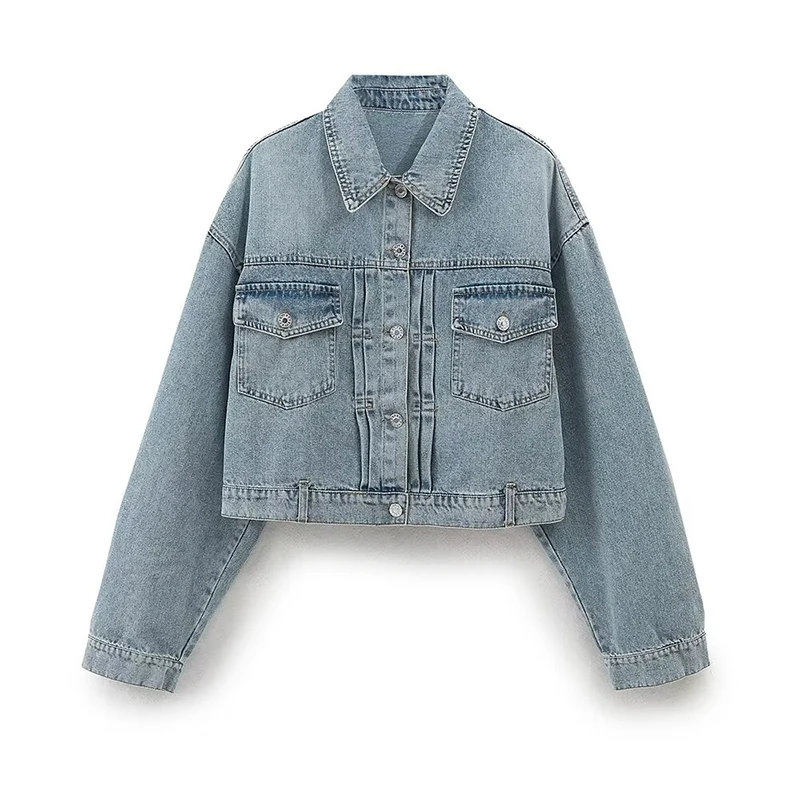 

Autumn Winter Women With Pockets Crop Denim Jackets Lapel Collar Long Sleeves Female Coats Chic Lady Outfit