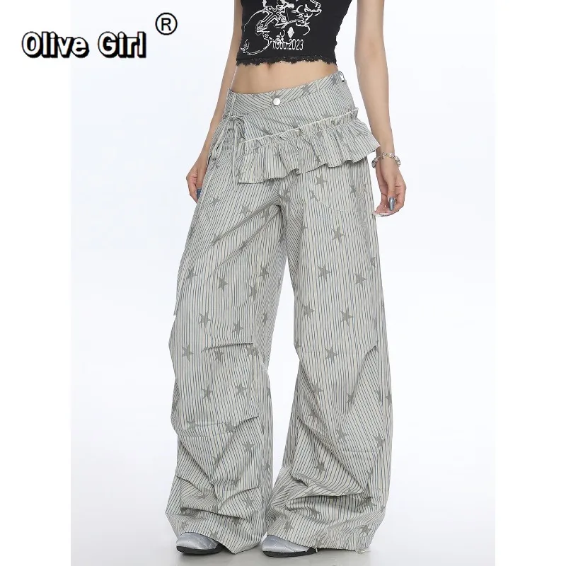 

Olivegirl Trousers American Striped Star Printed Work Pants for Women Spring Summer Casual Pleated Wide Leg Floor Length Scarf