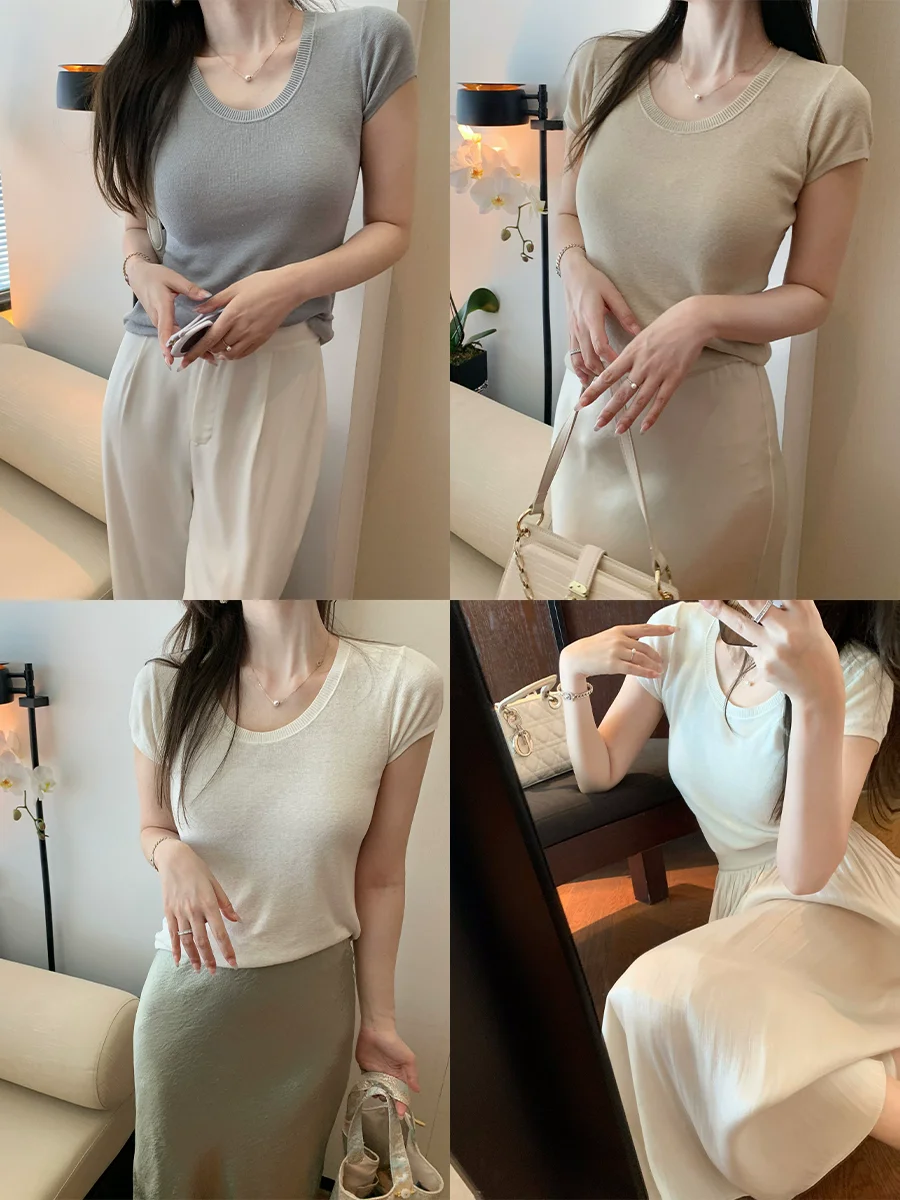 

Дышащая футболка из смесового трикотажа (шелк и лён) свободного кроя для повседневной носки, приталенная, с U-образным вырезом, летняя