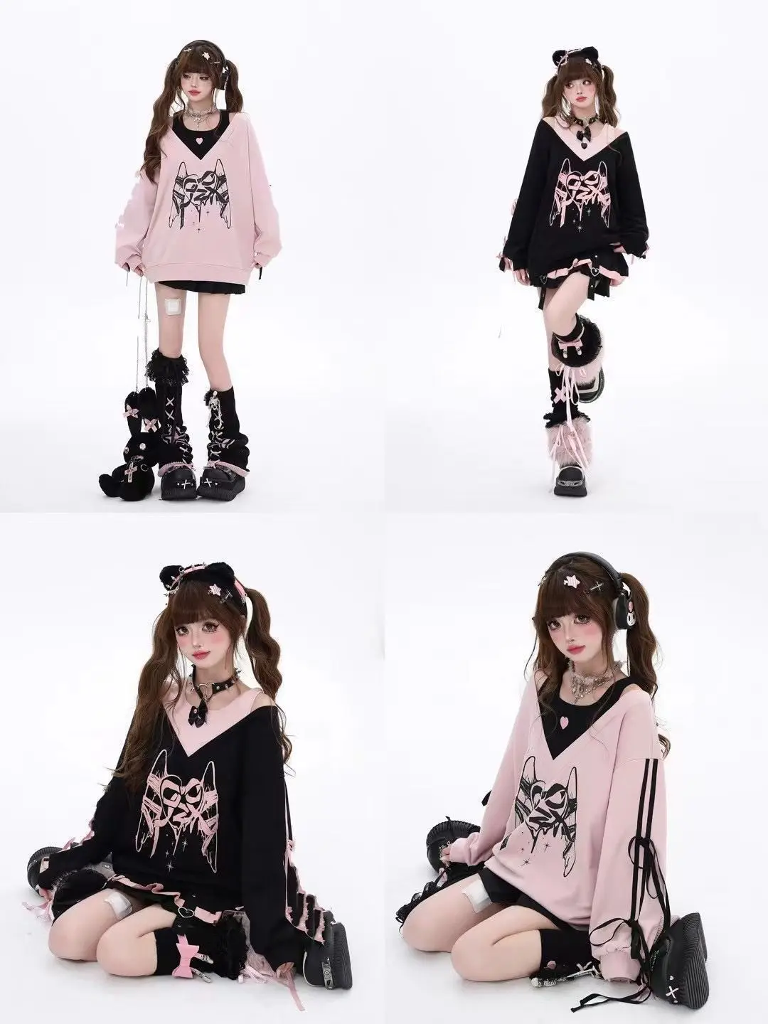 Temperament Vintage Sweet Fake Two Pieces Bow Printed Loose Sweatshirts Women Off Shoulder Hottie Streetwear Women Y2k Top