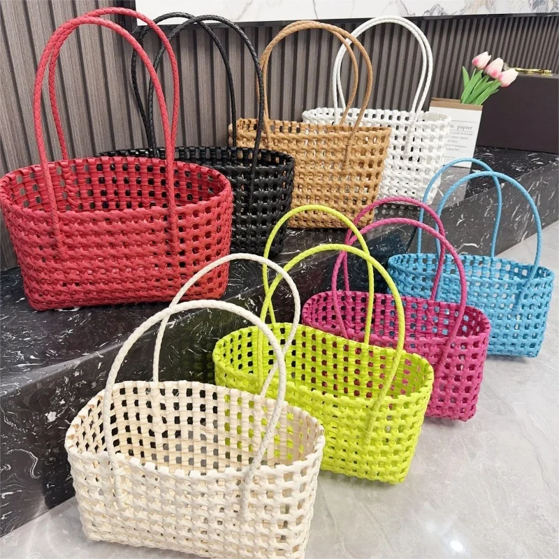 

2026 New Korean Style Plastic Summer Hollow Weave Tote Bag Large Capacity Drawstring Beach Shoulder Bag for Women Daily Shopping