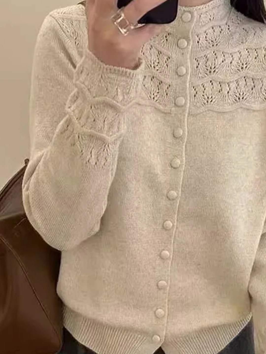Women's Knitted Open Cardigan Hollow out Lace Trim Loose Fit Half High Collar Soft Polyester Fiber Casual Style Spring Autumn