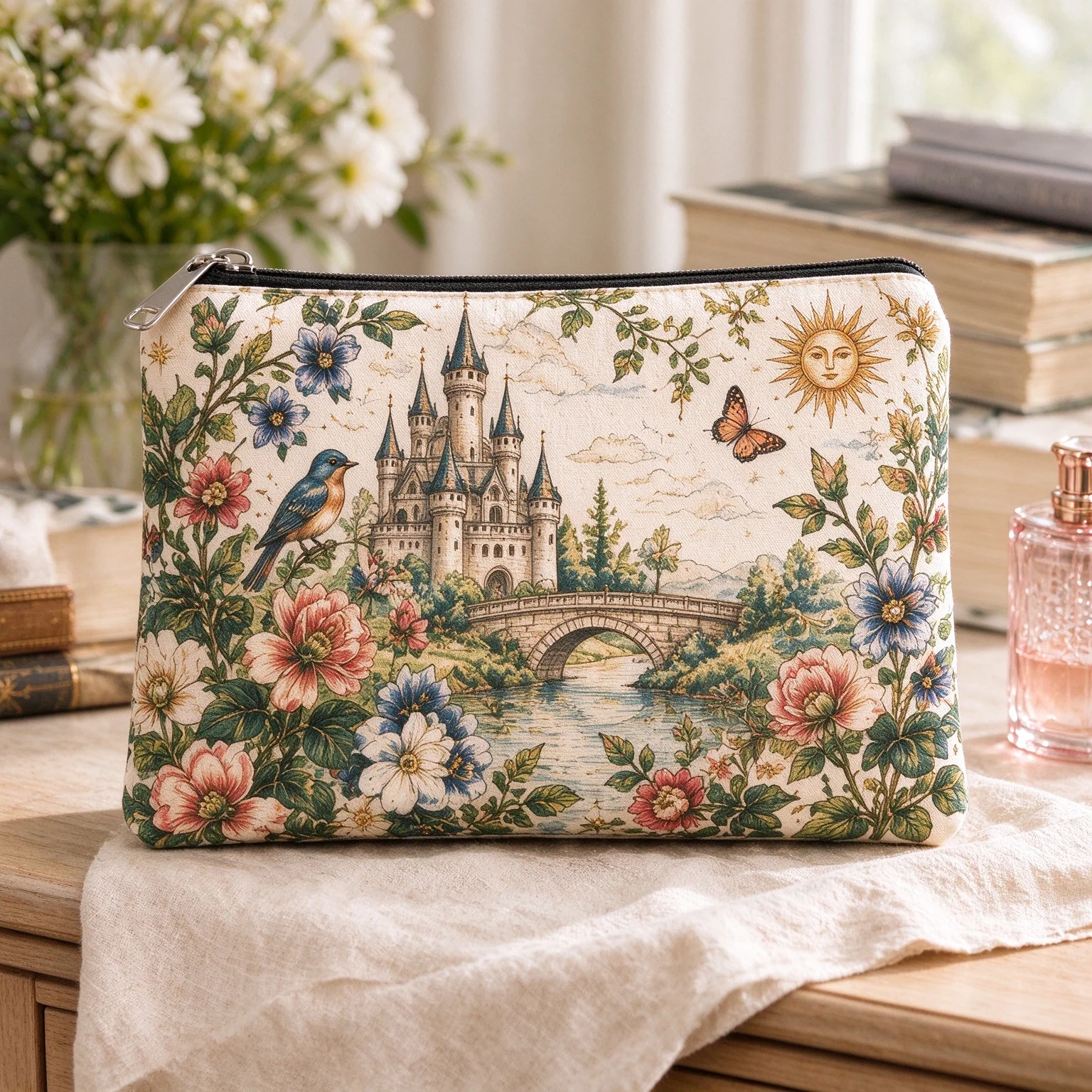 Vintage Fairy Tale Castle Floral Print Canvas Cosmetic Bag Sun Bird Butterfly Makeup Pouch Women Travel Toiletry Organizer Bag