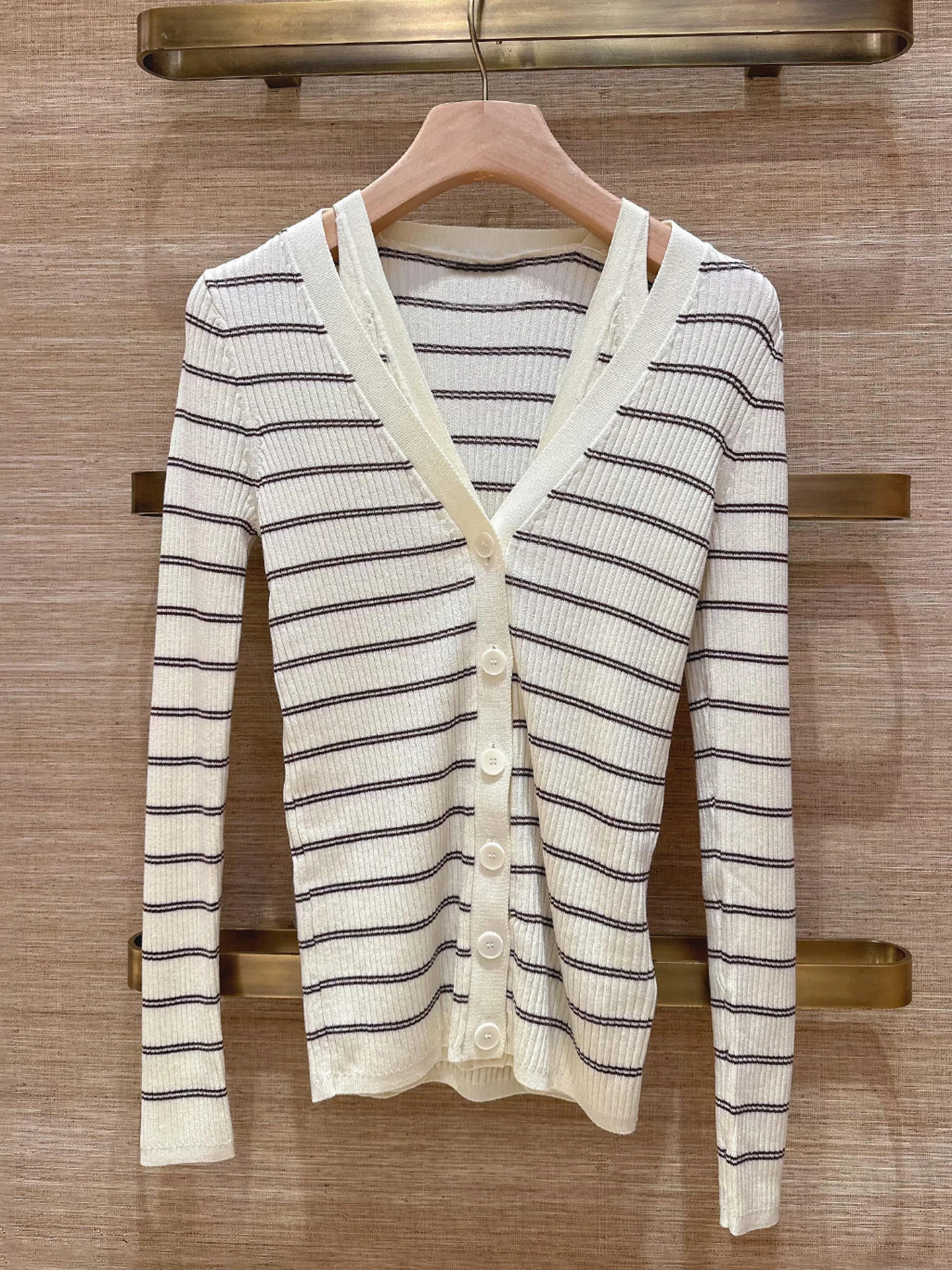 

S Home Nan You High End Women's Spring 2026 Casual Style Slim Fit Soft Knitted Shirt Long Sleeve V Neck Button up Striped Top