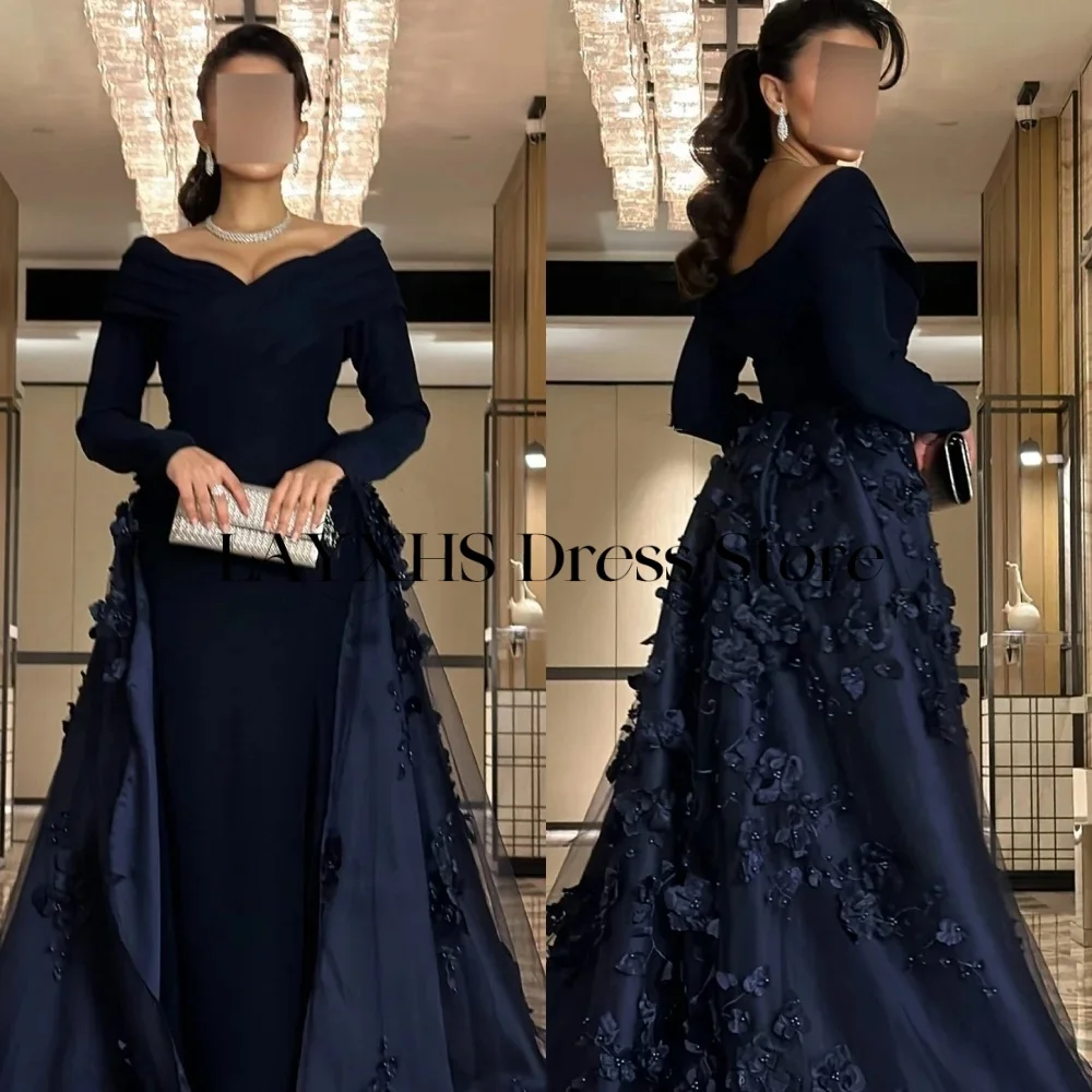 LAYXHS Abiti da sera con spalle scoperte di alta qualità Sirena maniche lunghe Fiori Corte dei treni Abiti da ballo personalizzati