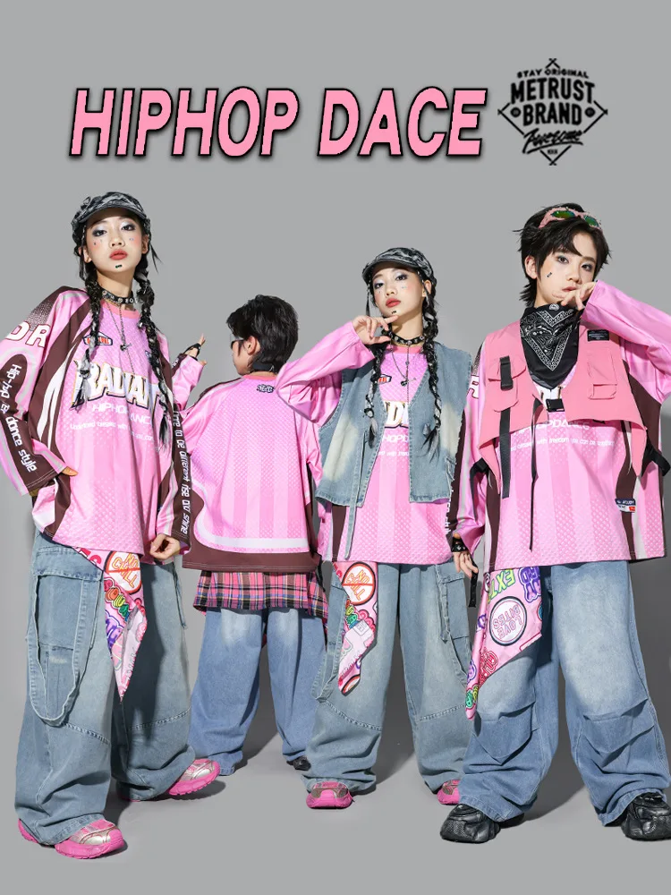 Kinder-Streetdance-Auftrittsoutfit Jungen Hip-Hop Denim-Kleidungsset Atmungsaktive Polyesterfaser Rundhals-Print-Design – Detail 2