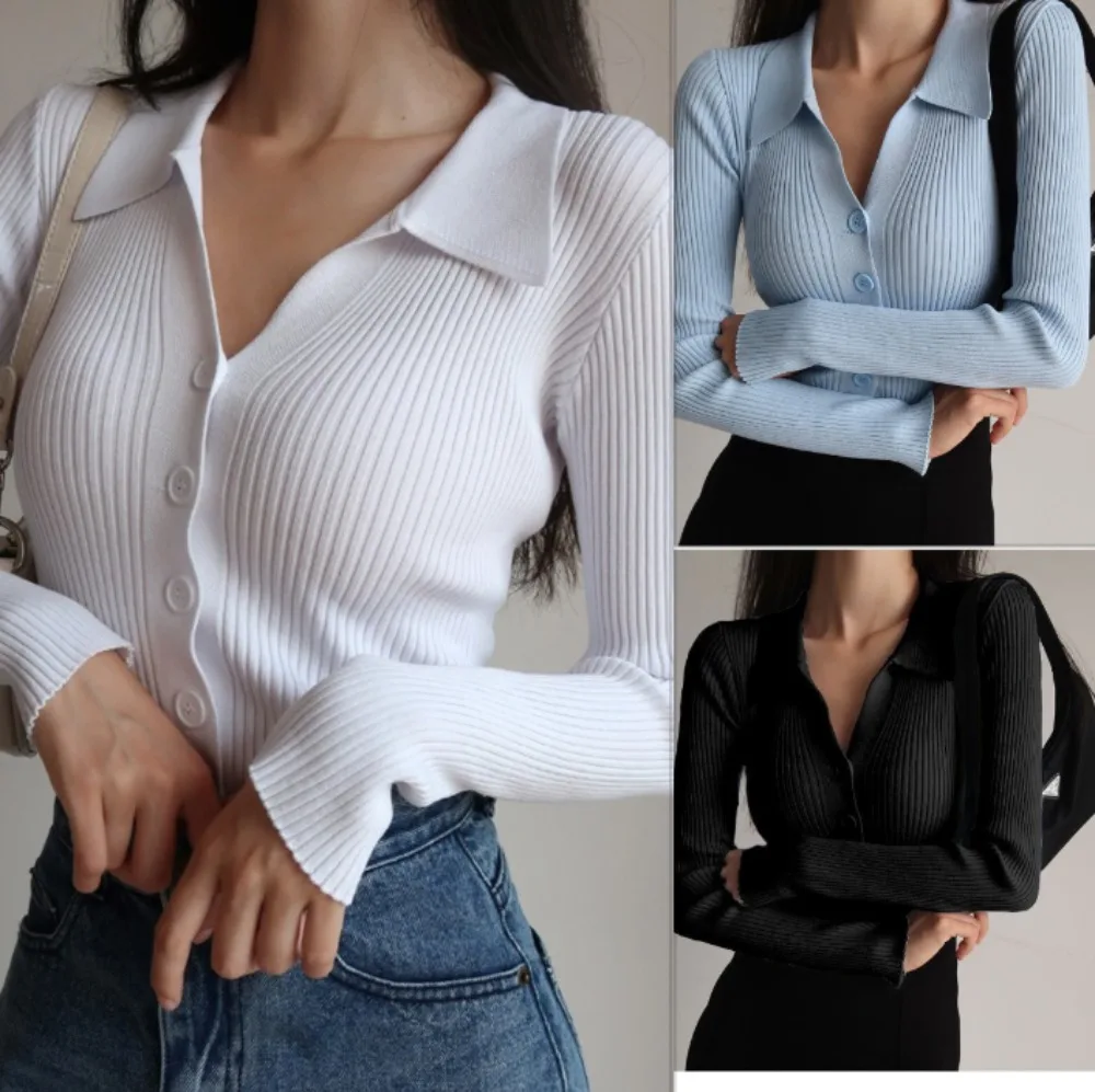 

Sexy V-neck Cardigan Women Slim Casual Long Sleeve POLO Collar Knitted Sweater Coat Shirt