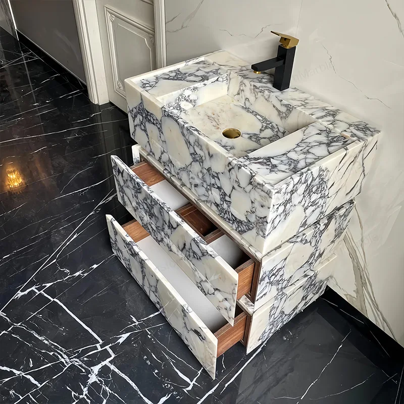 For Marble Bathroom Vanity, Natural Stone Floor-Standing Sink,  Luxury/Viral Design Custom Basin, Easy-Clean &Split-Type Pedesta