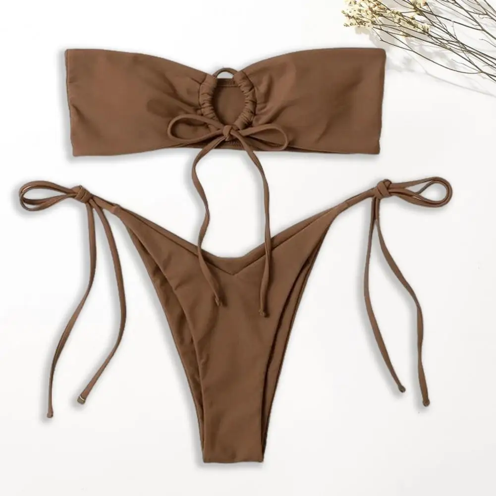 Women Sexy Bikini Set Stylish Women's Bikini Set with Bandeau Top High Waist Briefs Lace-up Detail Sexy Swimwear for Beach