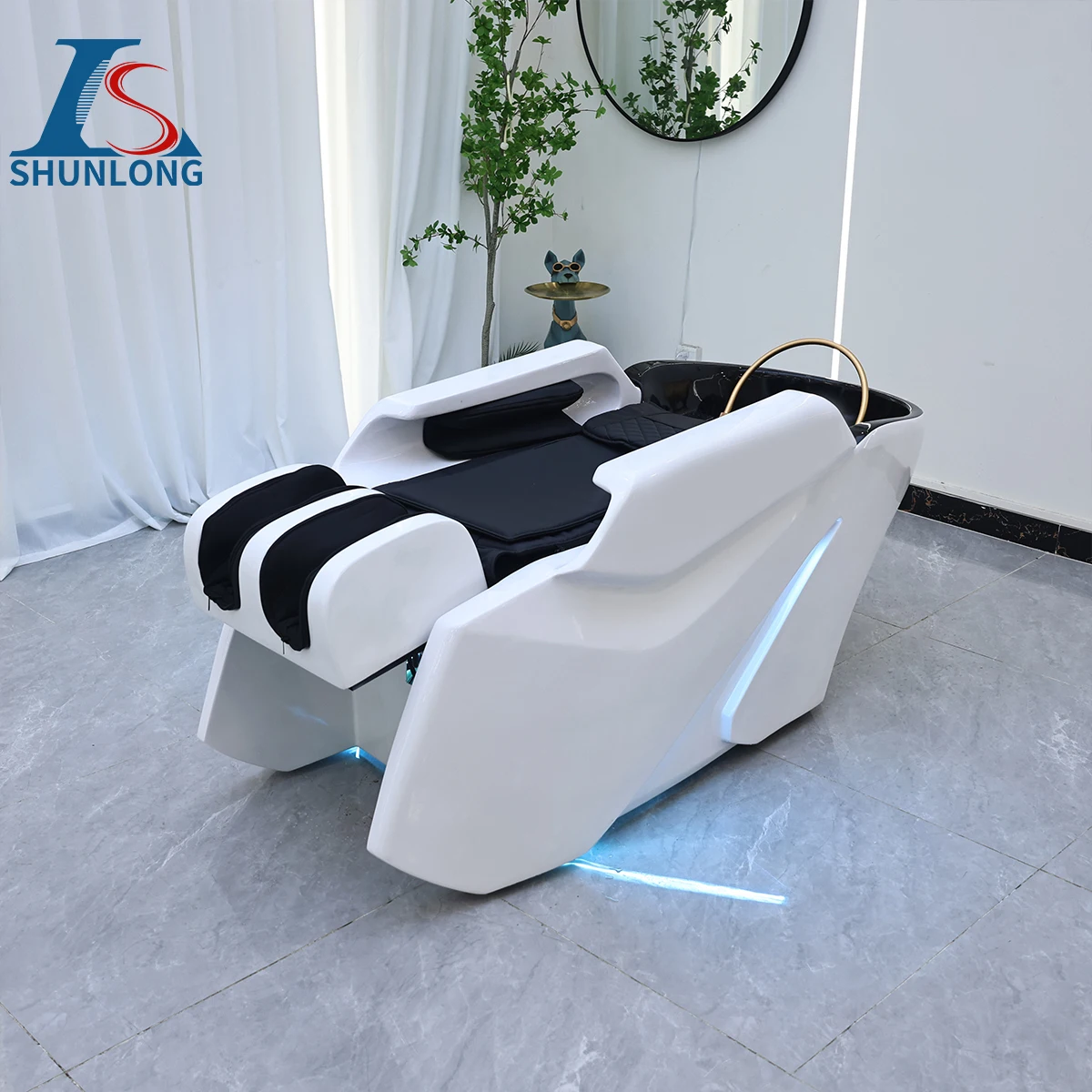 White Thai Shampoo Bed with LED Ambient Light, Reclining Head Spa Hair Washing Chair for Beauty Salon Barber Shop Scalp Care