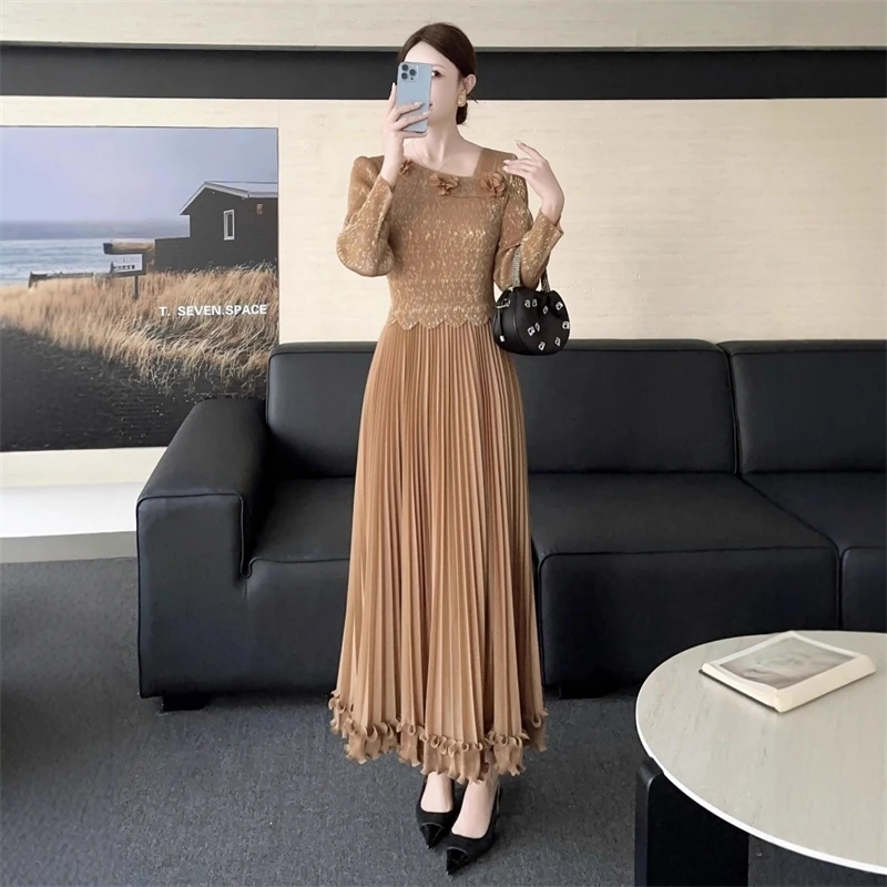 ANLAN Pleated New Trendy Waist-Cinching Slimming Women's Dress Gold Foil Printing Elastic Wrist Sleeve Ruffled Dresses 3AN0795
