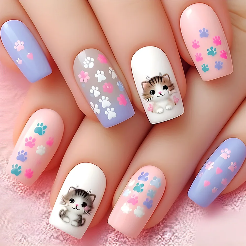 

24Pcs Long Square Press on Nails - Cute Cartoon Cat Design with Pink, Blue & White Base and Colorful Paw Prints